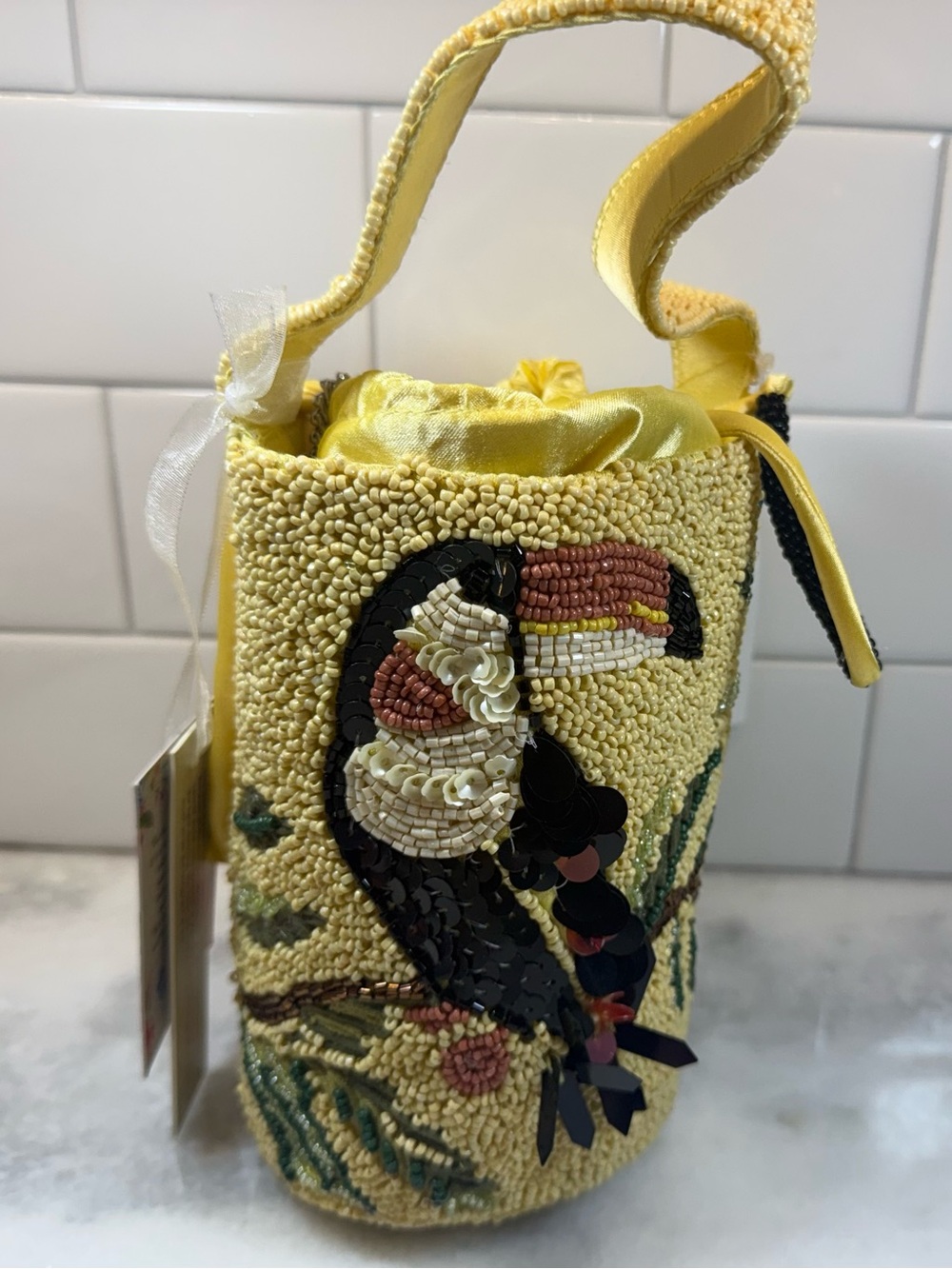 Toucan Yellow Beaded Sequin Bucket Handbag Handcrafted in India Crossbody Purse